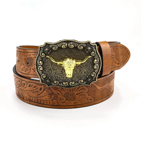 Single brown tooled leather belt with an ornate longhorn buckle on a white background
