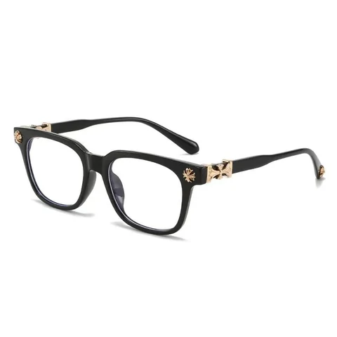 Single pair of black square-frame eyeglasses with gold temple details on a white background