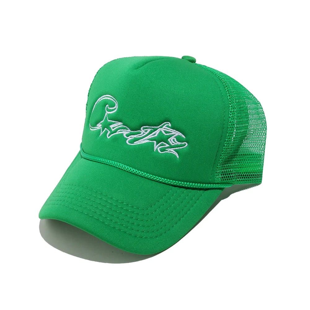 Green mesh cap with white embroidery on a white background