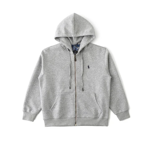Grey zip-up hoodie on a white background