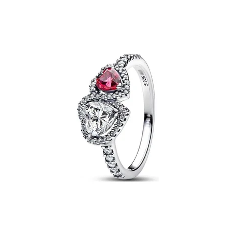 Single silver ring with a red stone and a clear stone on a white background