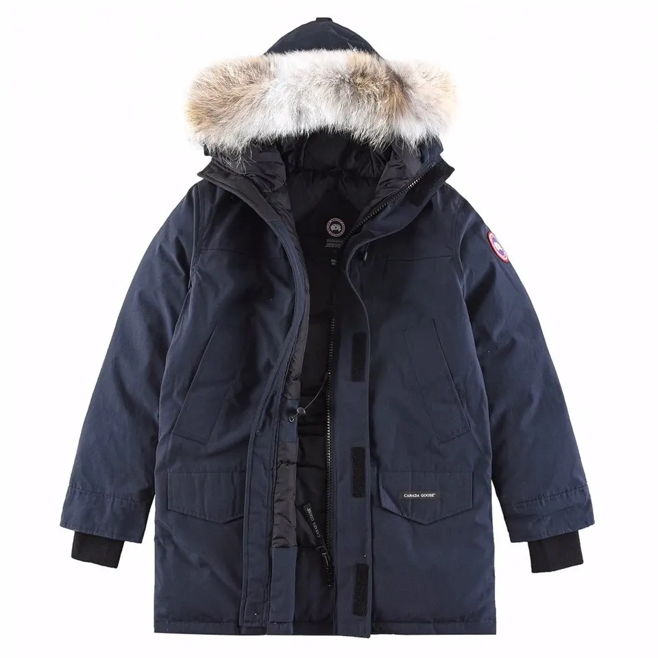 Navy hooded parka with a light fur trim on a white background