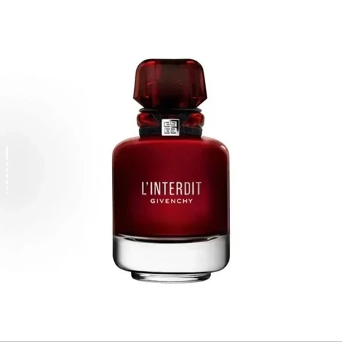 Single dark red Givenchy L'Interdit perfume bottle on a white background