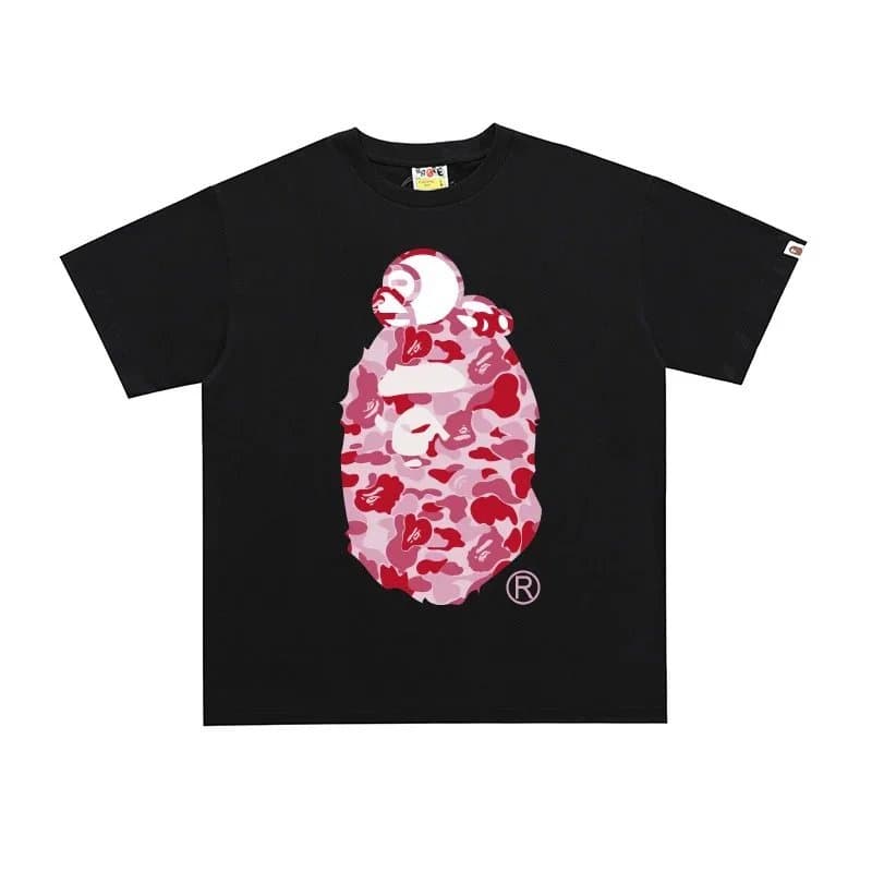 Black T-shirt with a pink camouflage graphic on a white background