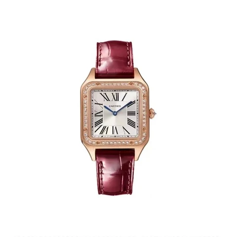 Single gold-tone rectangular wristwatch with a burgundy leather strap on a white background