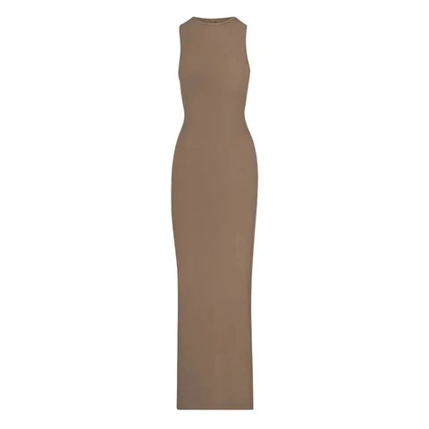 Taupe sleeveless full-length dress on a white background