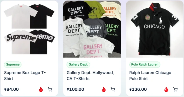 Product cards with garment photos, names and prices