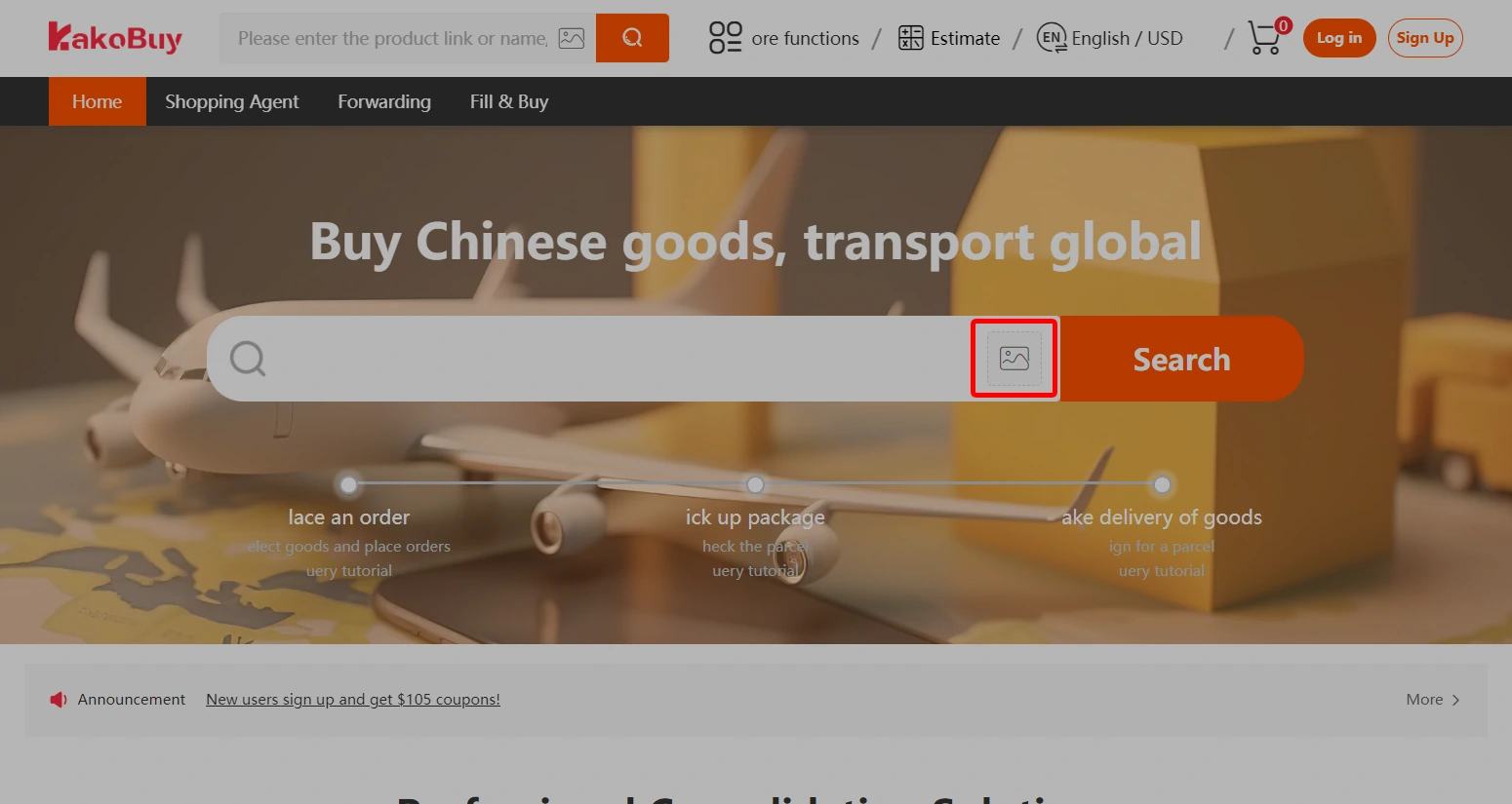 Kakobuy image-search icon highlighted in the search bar.