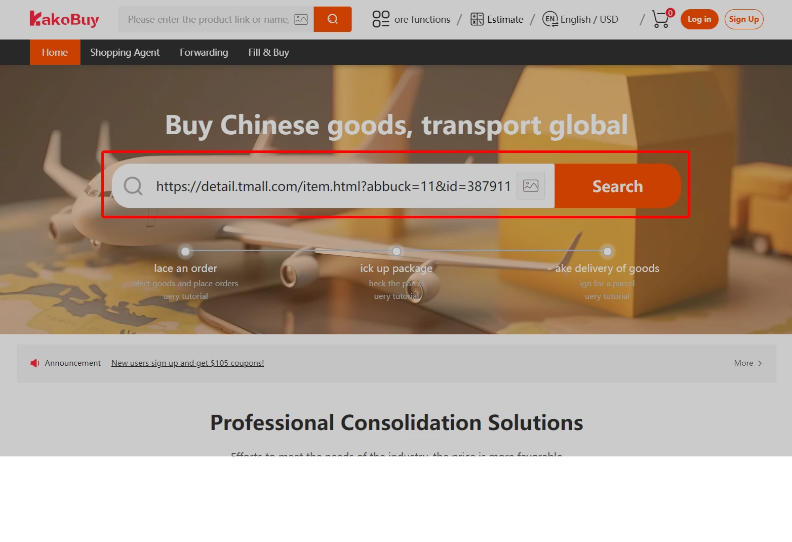 A Tmall product URL pasted into the Kakobuy search bar.