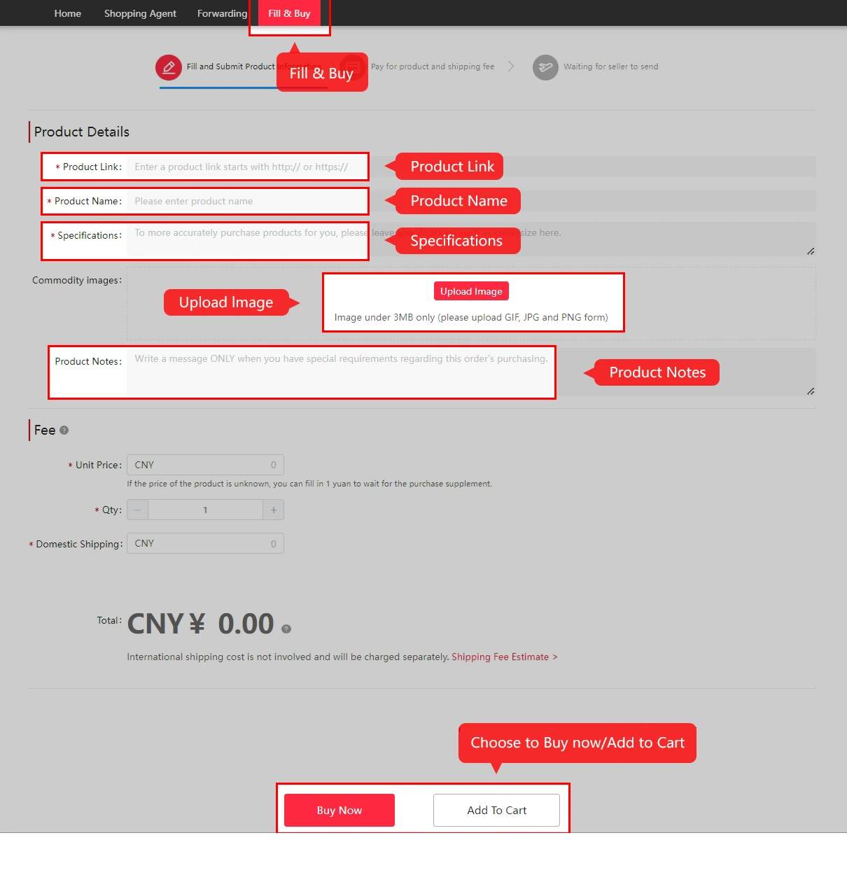Fill & Buy form with link, name, specifications, image and price fields.