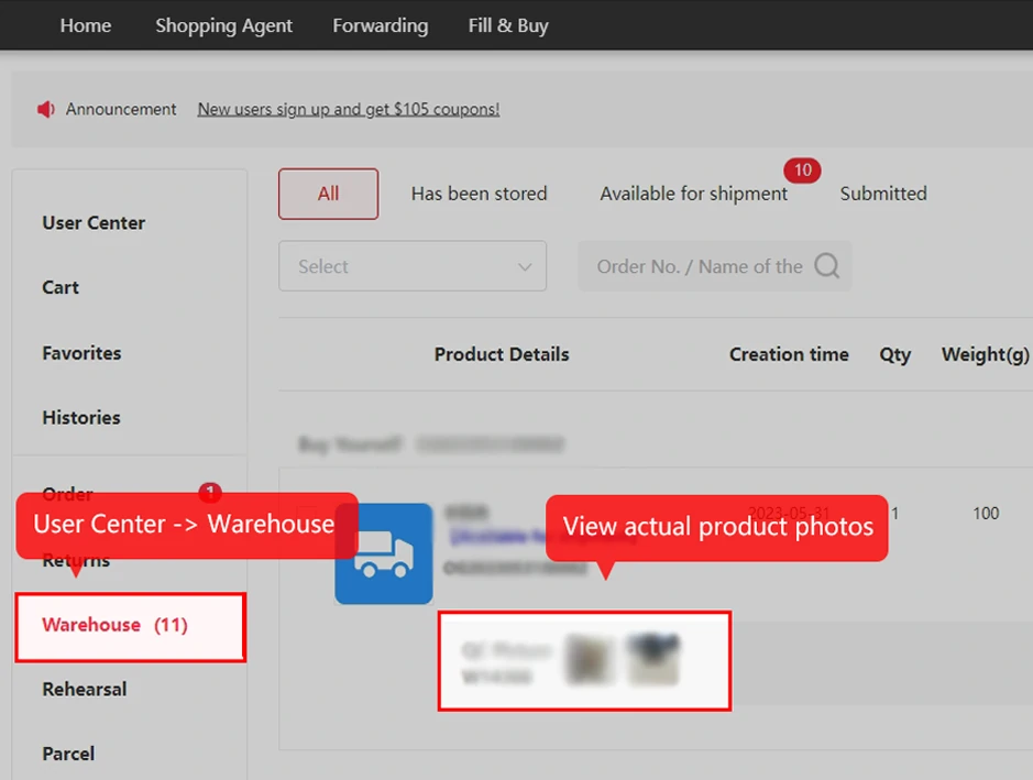 Warehouse menu and QC-photo entry highlighted in a Kakobuy order example.
