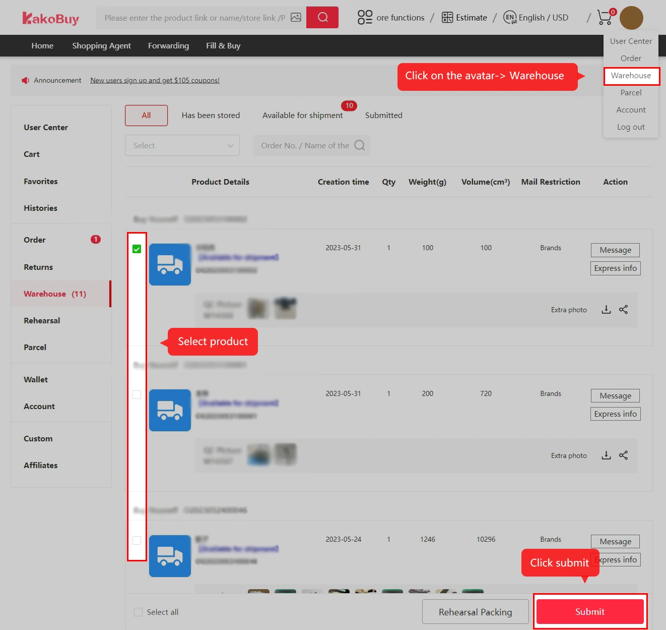 Stored products selected in Warehouse with the Submit button highlighted.
