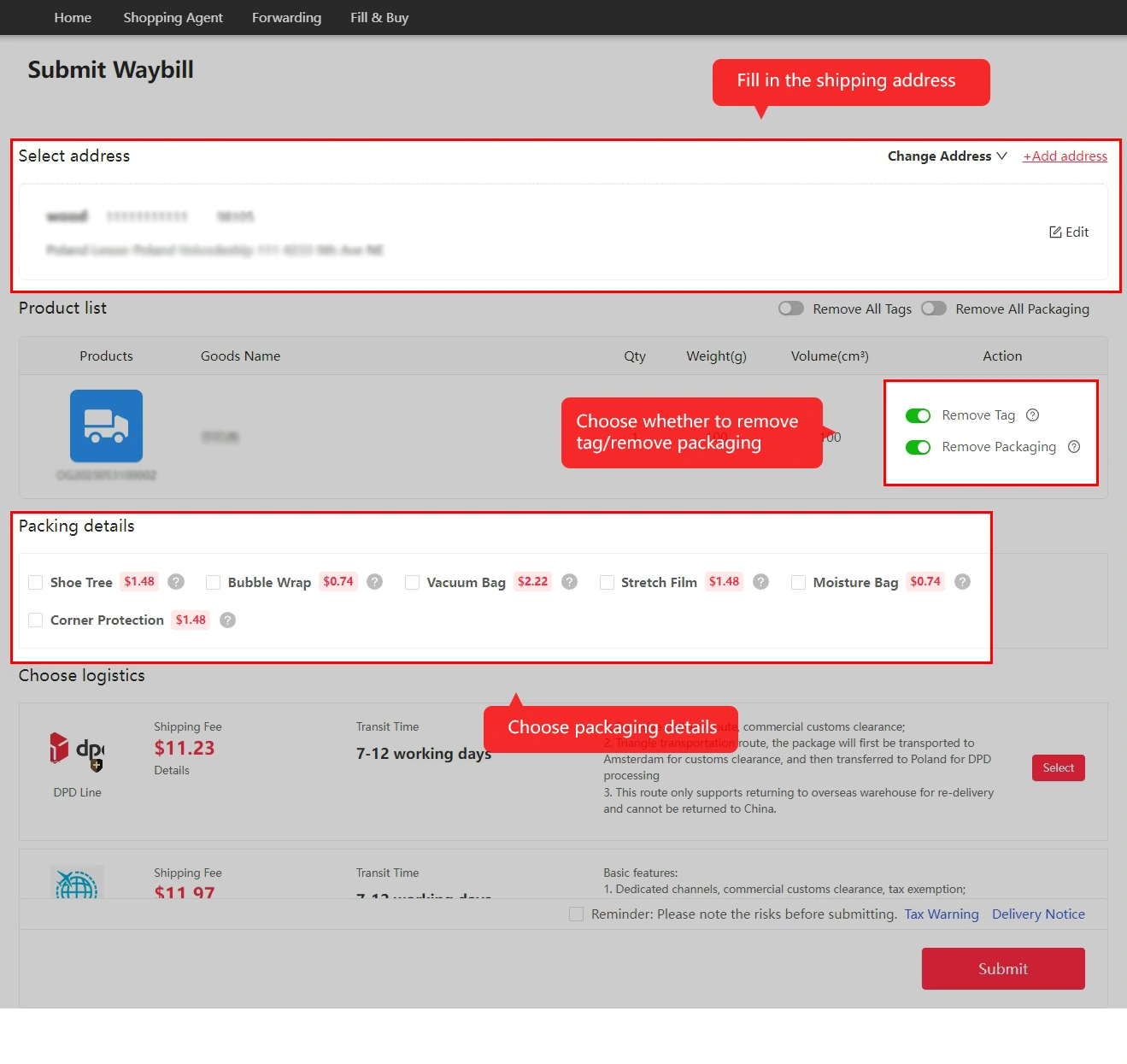 Submit Waybill screen with delivery address, tag removal and packing options.