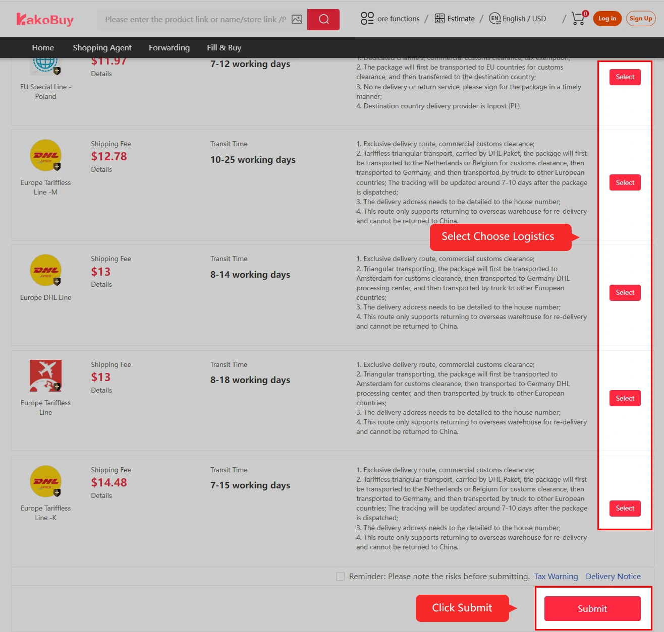 Available shipping routes with selection buttons and a submit control.