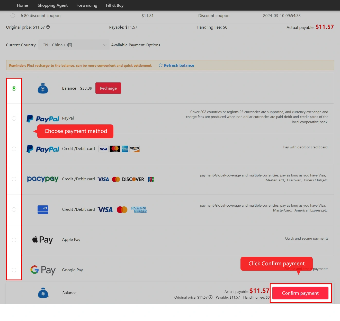 International parcel checkout with payment methods and confirm-payment button.