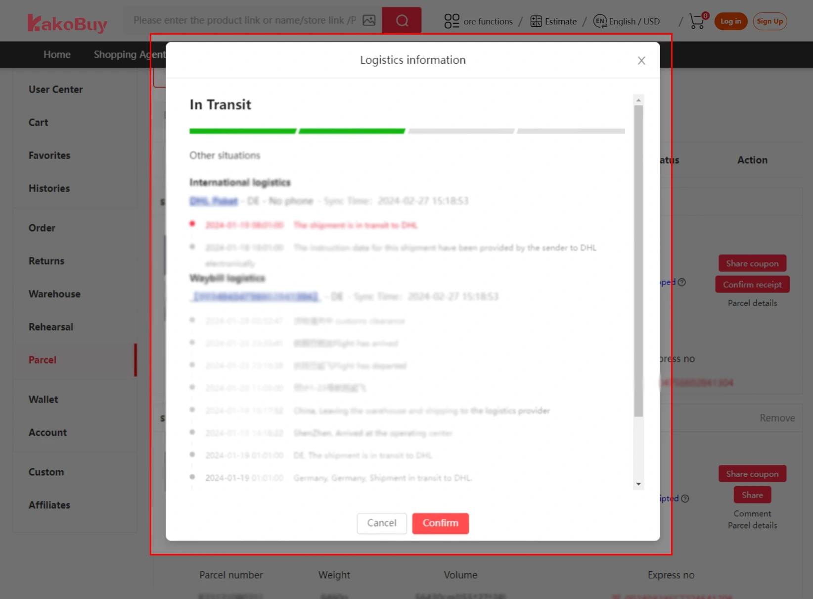 Parcel page with the Logistics information tracking window open.