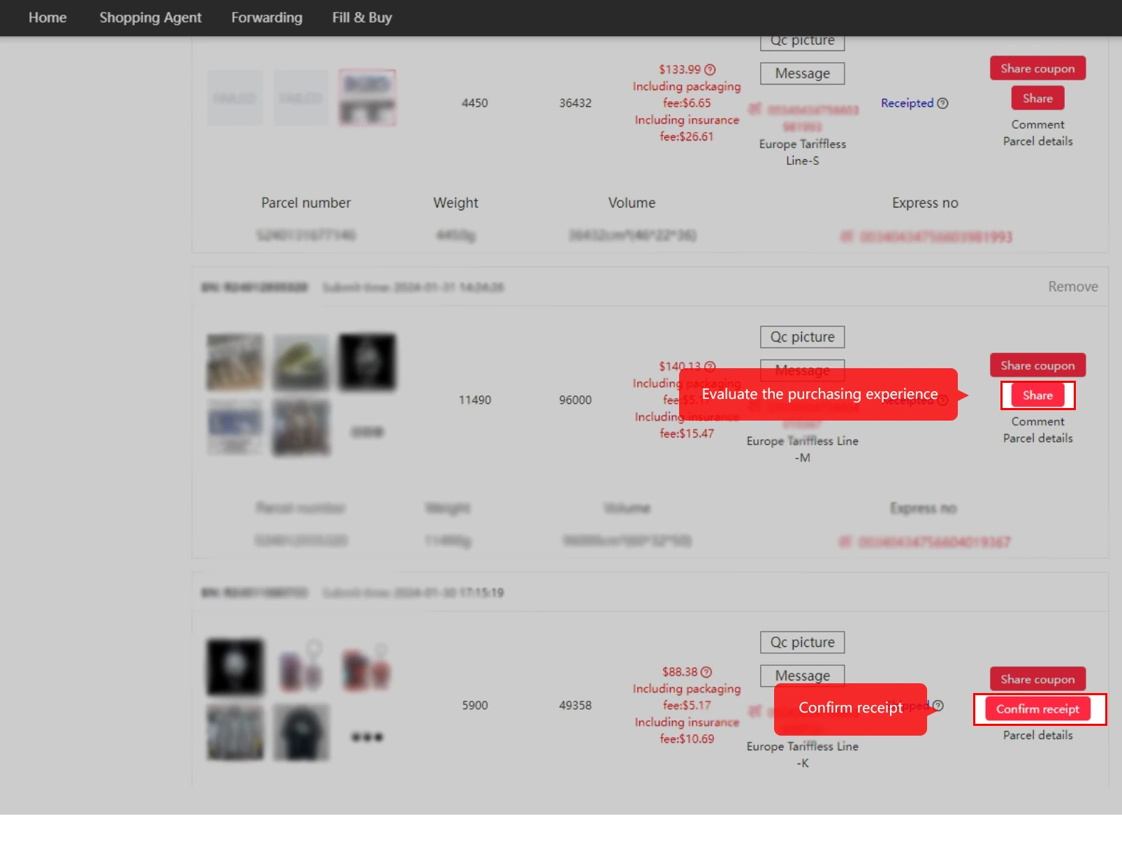 Parcel page highlighting Confirm receipt and the experience-sharing control.